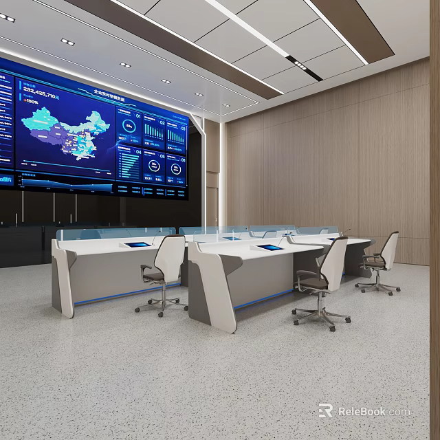 Modern Control Room Featuring Large Screens Data Charts Control Desks Office Chairs And Wooden Walls 3d model 
