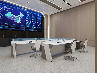 Modern Control Room Featuring Large Screens Data Charts Control Desks Office Chairs And Wooden Walls 3d model