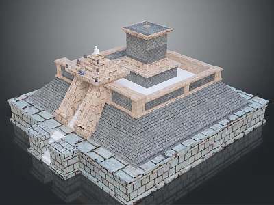 Ancient Stepped Building with Gray Stone Bricks Light-Colored Stones Square Tower Platform and Staircase 3d model