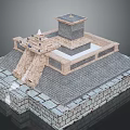 Ancient Stepped Building with Gray Stone Bricks Light-Colored Stones Square Tower Platform and Staircase 3d model