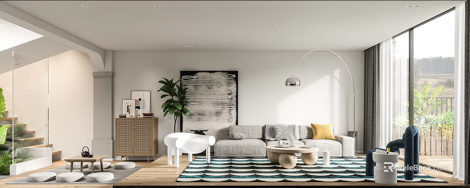 Modern Living and Dining Room Interior With Sofa Area Rug Artwork and Floor Lamp 3d model 