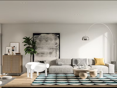 Modern Living and Dining Room Interior With Sofa Area Rug Artwork and Floor Lamp 3d model