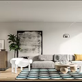 Modern Living and Dining Room Interior With Sofa Area Rug Artwork and Floor Lamp