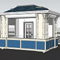 White Kiosk With Blue Roof And Decorative Columns Against City Skyline