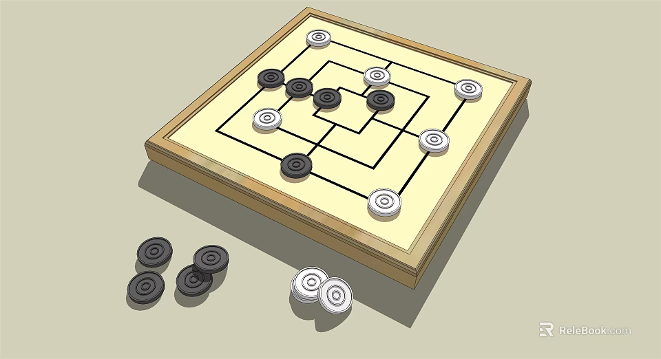 Traditional Go Board Game Entertainment With Wooden Board And Black White Stones Scattered Around 3d model 