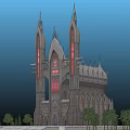 Gothic Style Building With Tall Spires Red Windows And Trees Around Steps