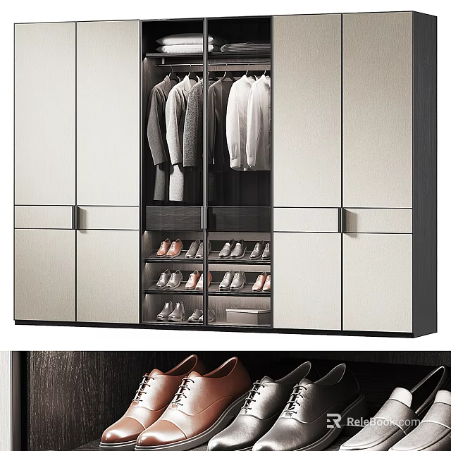 Modern Wardrobe Interior With Hanging Clothes And Shoe Storage Drawers 3d model