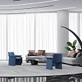 Modern Lounge Area With Sofas Blue Chairs Plants Large Windows And White Curtains 3d model