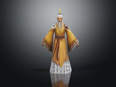 Elderly Character In Traditional Yellow Robe With Long Beard Head Ornament And Inscribed Base 3d model