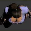 Woman in purple top and dark underwear standing against grey background with black shoes