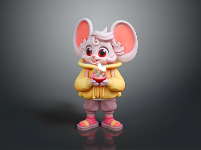 Cute Cartoon Mouse With Big Ears Wearing Yellow Hoodie Pink Pants And Shoes Holding Fruit 3d model