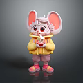Cute Cartoon Mouse With Big Ears Wearing Yellow Hoodie Pink Pants And Shoes Holding Fruit