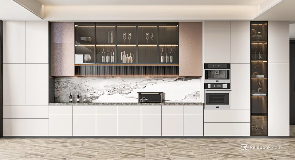 Modern Wine Cabinet In Kitchen With Glass Doors And Wine Bottles Display Design 3d model 