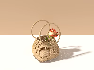 Light Brown Woven Rattan Basket With Loop Handles And Orange Flower 3d model