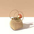 Light Brown Woven Rattan Basket With Loop Handles And Orange Flower