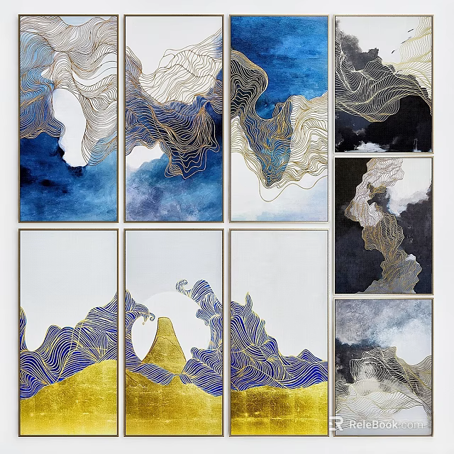 Multi Panel Abstract Framed Art with Golden Lines and Blue White Black Gold Accents 3d model 