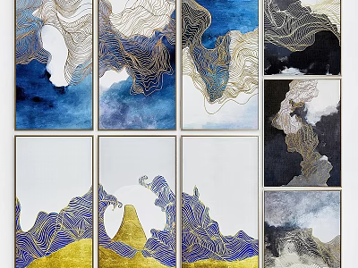 Multi Panel Abstract Framed Art with Golden Lines and Blue White Black Gold Accents 3d model