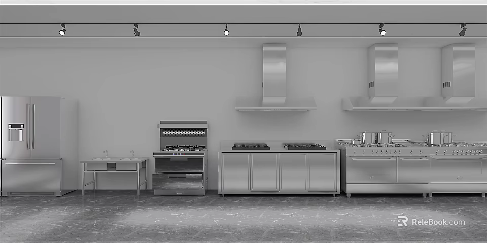 Commercial Kitchen Interior Featuring Stainless Steel Cabinets Range Hoods And Stovetops 3d model 