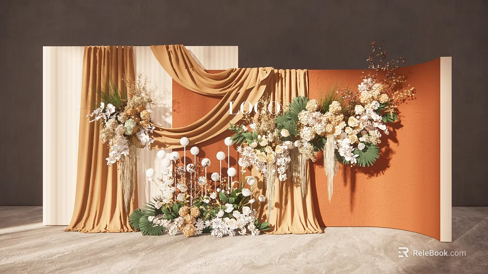 Commercial Event Decoration Equipment Featuring Floral Arrangements Golden Curtains and Orange Backdrops 3d model 