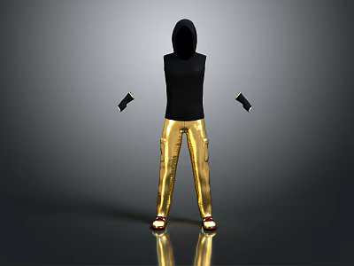 Modern Living Supplies Black Hooded Sleeveless Top And Golden Pants With Reflection On Gray Background 3d model