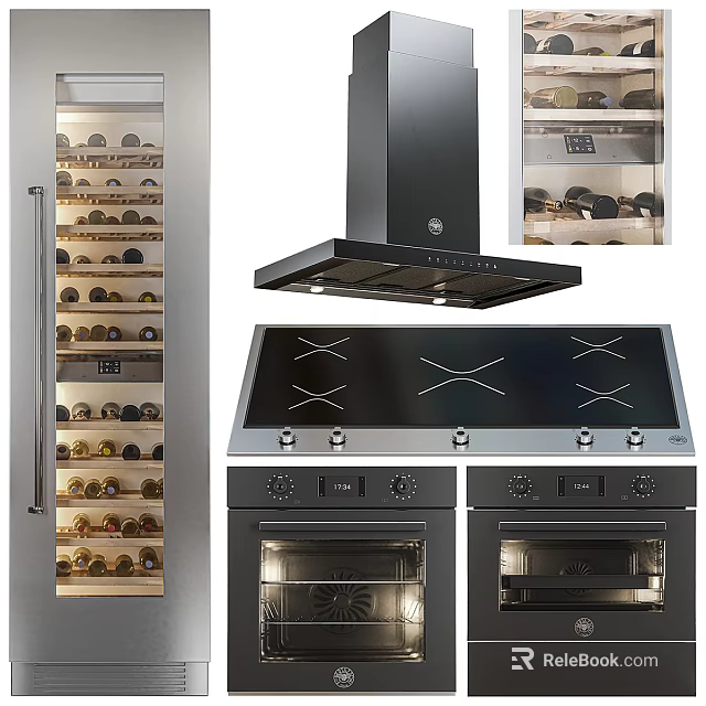 Modern Stainless Steel Kitchen Appliances Featuring Wine Cooler Range Hood Cooktop And Ovens 3d model 