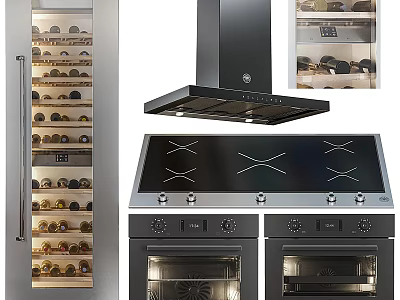 Modern Stainless Steel Kitchen Appliances Featuring Wine Cooler Range Hood Cooktop And Ovens 3d model