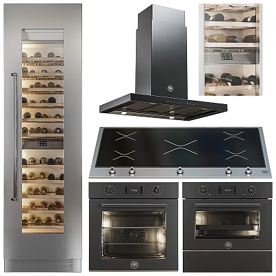 Modern Stainless Steel Kitchen Appliances Featuring Wine Cooler Range Hood Cooktop And Ovens 3d model