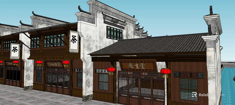 Traditional Chinese Commercial Street Featuring Tea Shop Gusheng Hall Red Lanterns And Architecture 3d model 