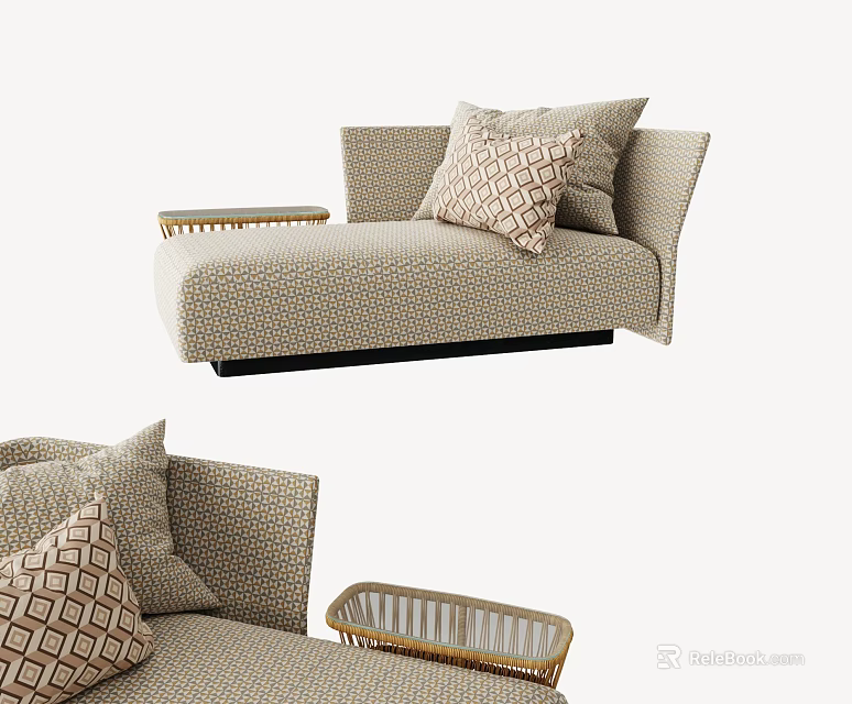 Modern Upholstered Chaise Lounge With Geometric Pattern Pillows And Woven Side Table 3d model
