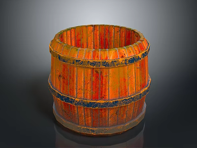 Wooden Barrel With Orange And Red Stripes Black Hoops And Textured Surface On Dark Background 3d model