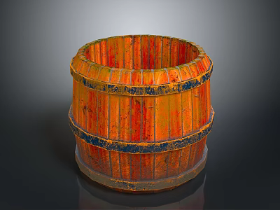 Wooden Barrel With Orange And Red Stripes Black Hoops And Textured Surface On Dark Background 3d model