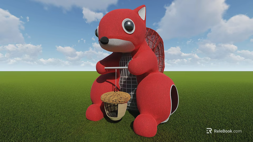 Red Squirrel Shaped Children Play Equipment With Nut Basket On Green Grass 3d model 
