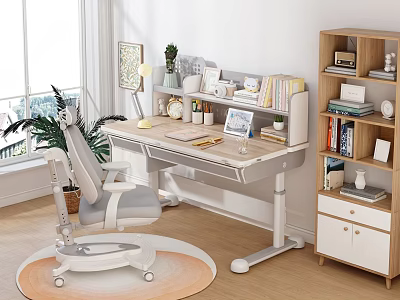Modern Home Office Desk And Ergonomic Chair Setup With Bookshelf Plant Lamp And Laptop 3d model