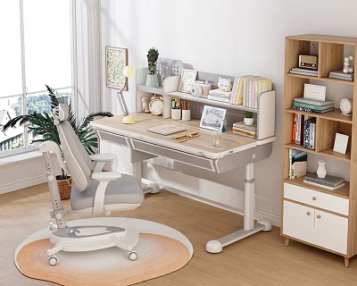 Modern Home Office Desk And Ergonomic Chair Setup With Bookshelf Plant Lamp And Laptop 3d model