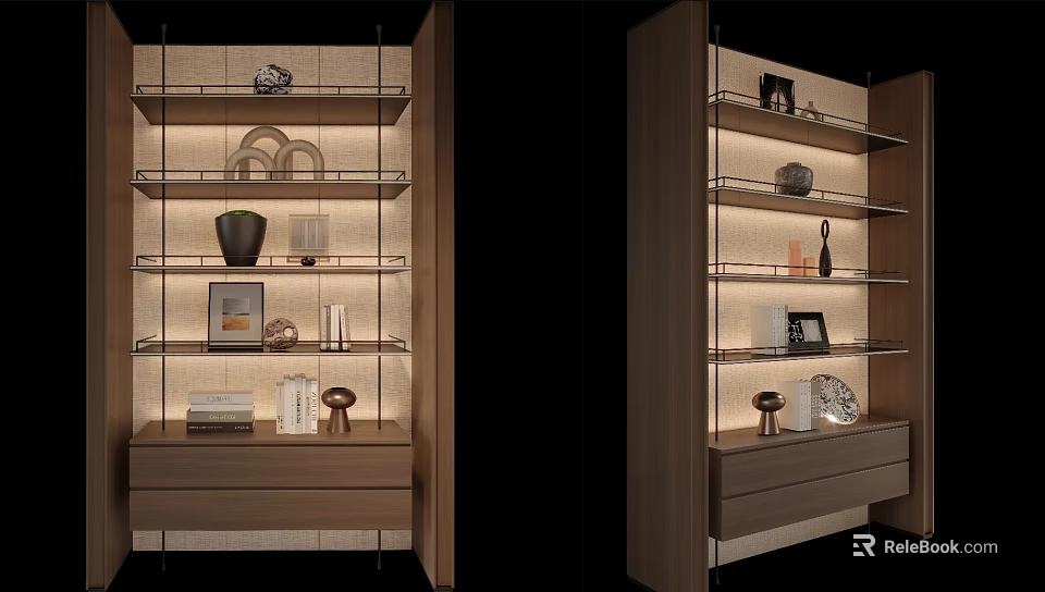 Modern Wooden Shelf Unit With Decorative Items Photo Frames Vases And Books Under Warm Lighting 3d model 