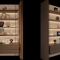 Modern Wooden Shelf Unit With Decorative Items Photo Frames Vases And Books Under Warm Lighting