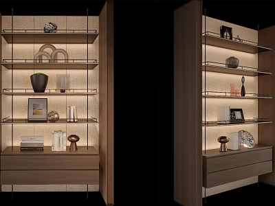 Modern Wooden Shelf Unit With Decorative Items Photo Frames Vases And Books Under Warm Lighting 3d model