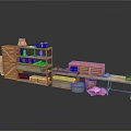 Rustic Household Items Display With Wooden Shelves Clay Pots And Baskets