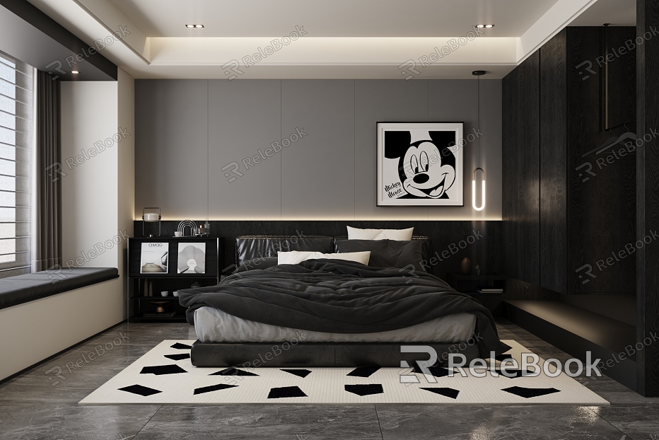 Minimalist black and white gray bedroom model