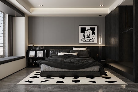 Minimalist black and white gray bedroom 3d model