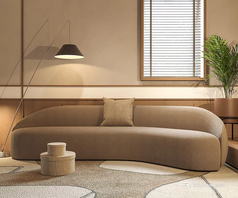Curved Sectional Sofa in Beige Velvet Fabric with Floor Lamp Window Blinds and Potted Plant 3d model 