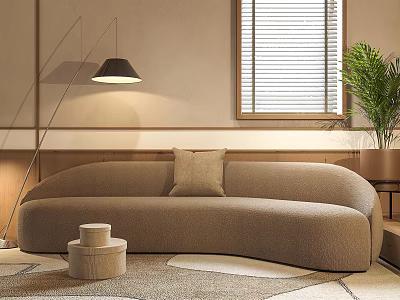 Curved Sectional Sofa in Beige Velvet Fabric with Floor Lamp Window Blinds and Potted Plant 3d model