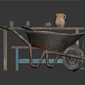 Vintage Wooden Table with Clay Pot Glasses Red Blue Bench and Rusty Wheelbarrow