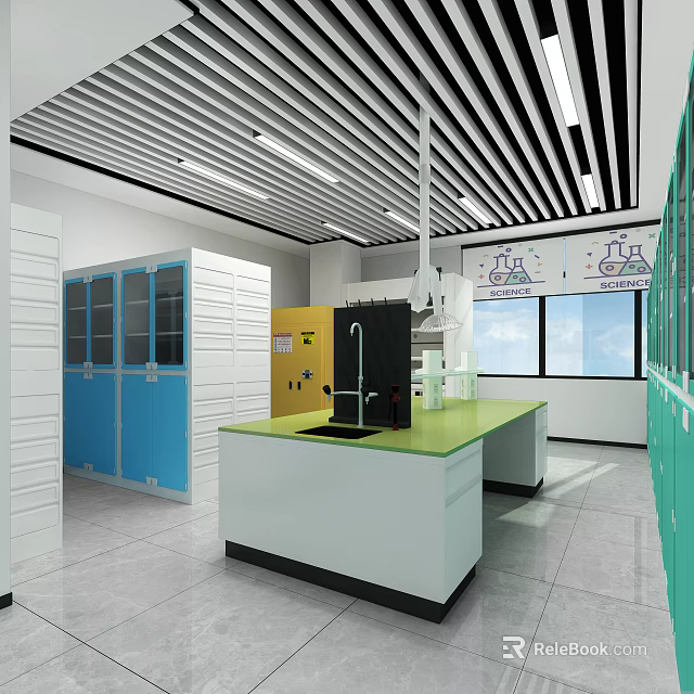 Modern Laboratory Interior With Green Workbench White Blue Cabinets Fume Hood Windows And Lighting 3d model 