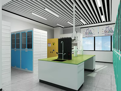 Modern Laboratory Interior With Green Workbench White Blue Cabinets Fume Hood Windows And Lighting 3d model