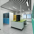 Modern Laboratory Interior With Green Workbench White Blue Cabinets Fume Hood Windows And Lighting