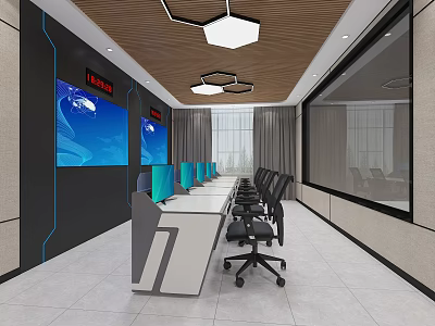 Modern Monitoring Room Interior Design With Multiple Screens Control Console And Ergonomic Chairs 3d model