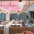 Modern Restaurant Interior With Pink Ceiling Decor Blue Walls And Booth Seating 3d model