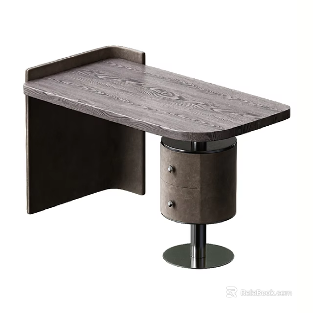 Contemporary Office Desk With Wood Grain Top And Cylindrical Metal Base 3d model 