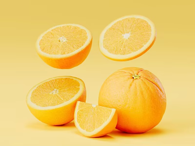 Visual Display of Fresh and Vibrant Oranges Sliced and Whole on Yellow Background 3d model